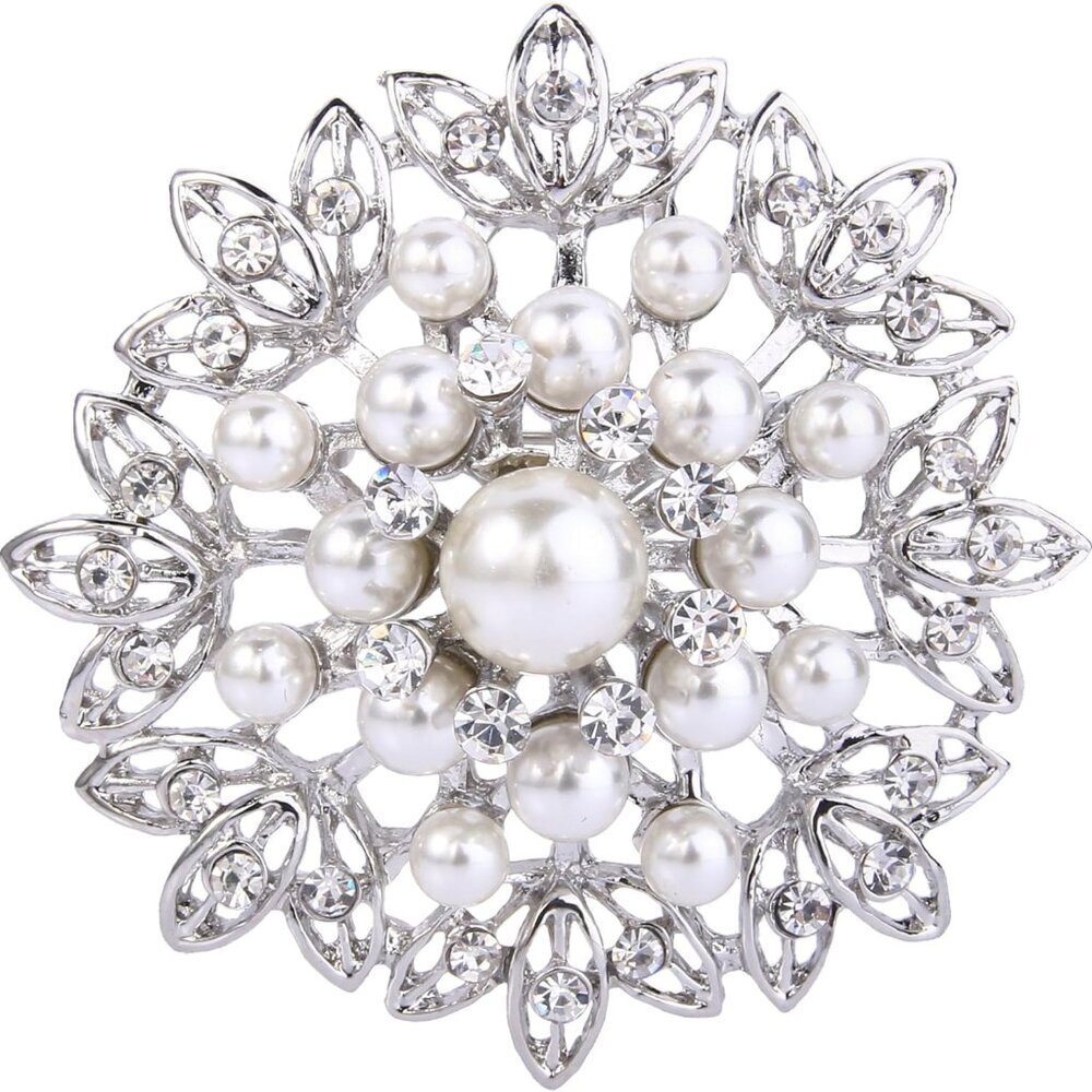 Women's Wedding Corsage Clear Crystal Simulated Pearl Elegant Flower Leaf Brooch